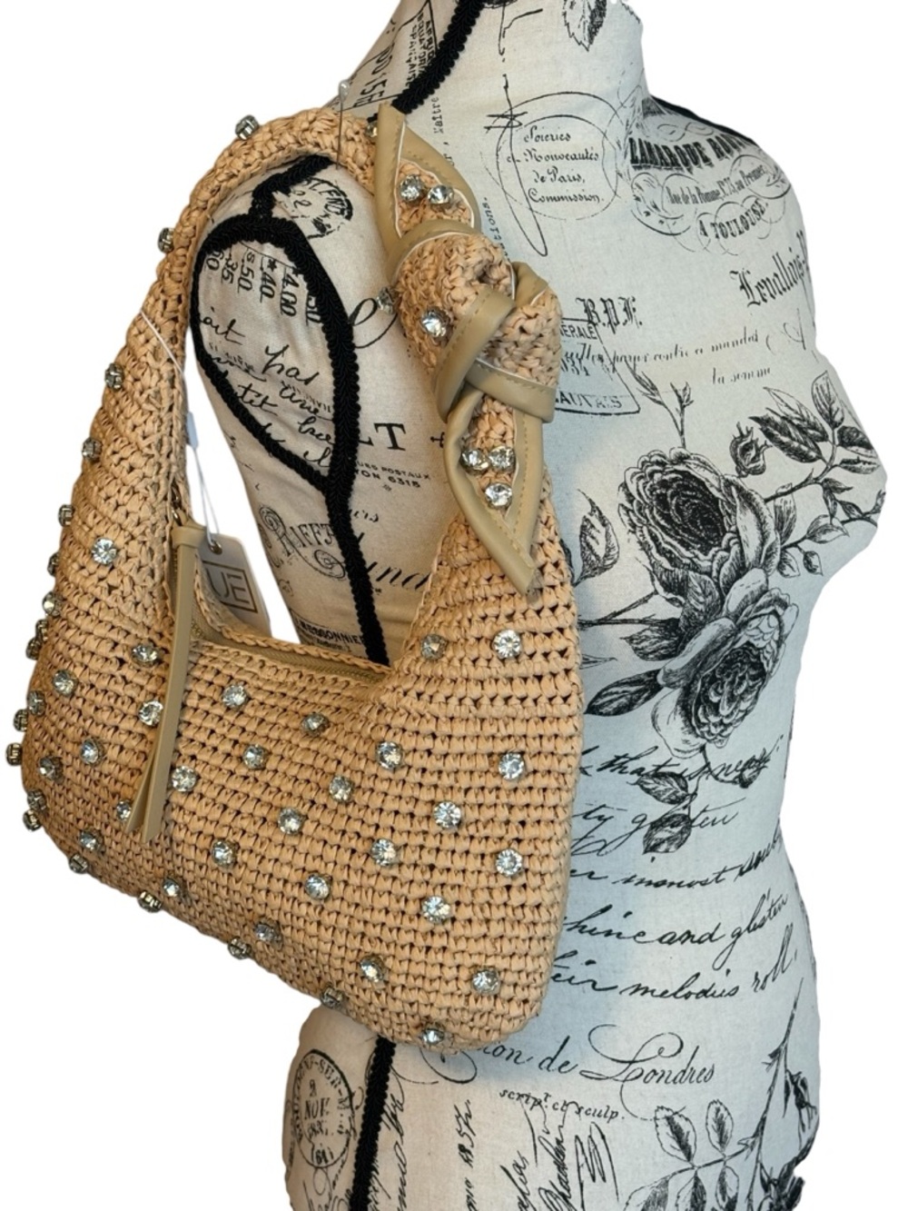 Urban Expressions Jessa Raffia Shoulder Bag Crystal Embellished Tan New - Picture 6 of 6